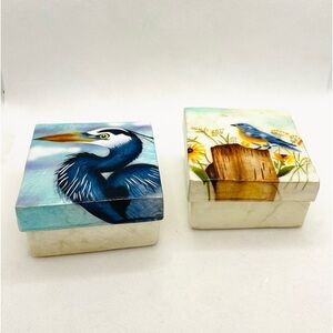 Lot of 2 - Capiz Shell Windowpane Oyster Trinket Boxes Philippines - Birds